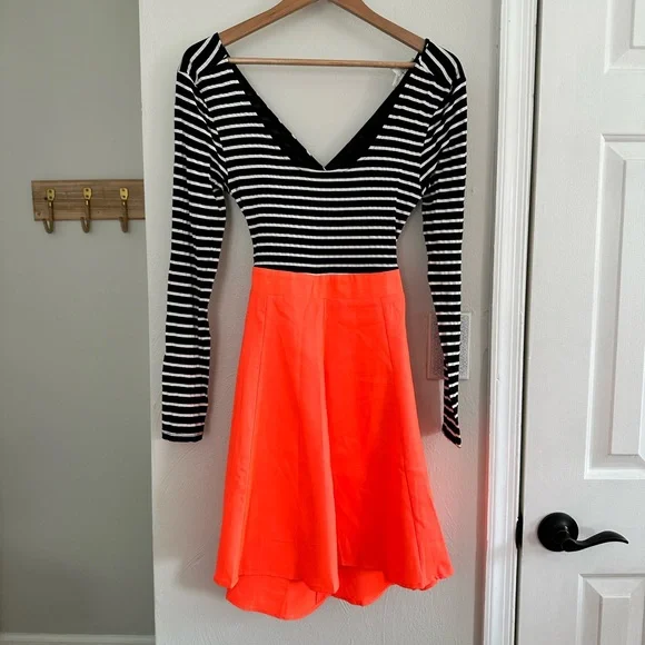 Double Zero Dresses | Double Zero Long Sleeved Striped Open Back Neon Skater Skirt Dress Sz: Med | Color: Black/White | Size: M | Charishp's Closet